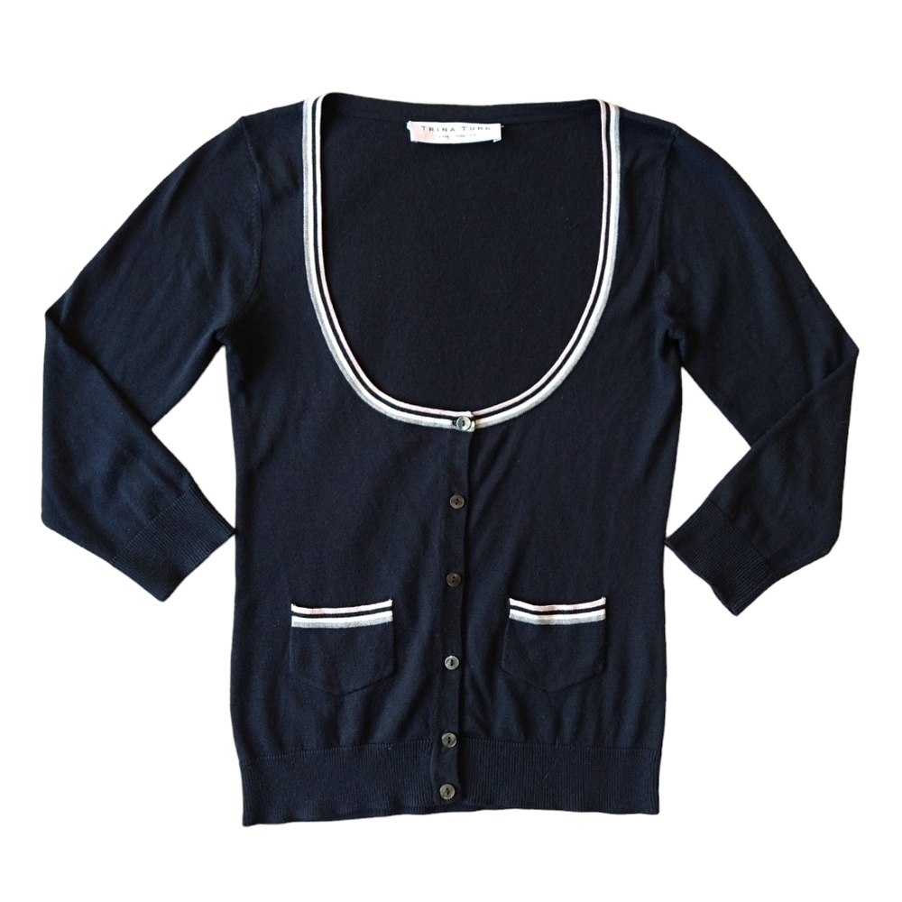 Trina Turk Silk Cashmere Blend Black Scoop Neck 3/4 Sleeve Cardigan Preppy